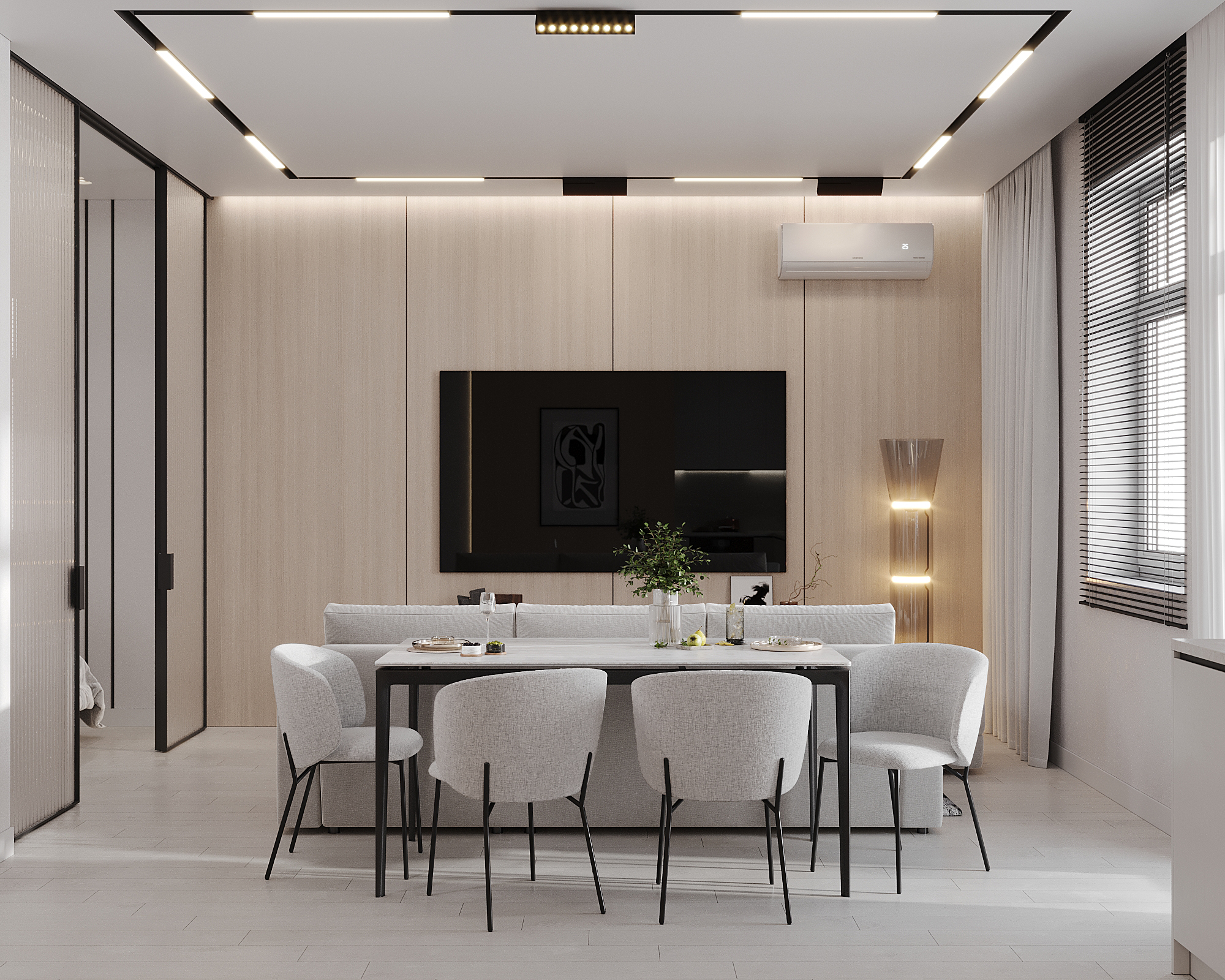 Общее пространство кухни-гостиной в апартаментах 50 м²