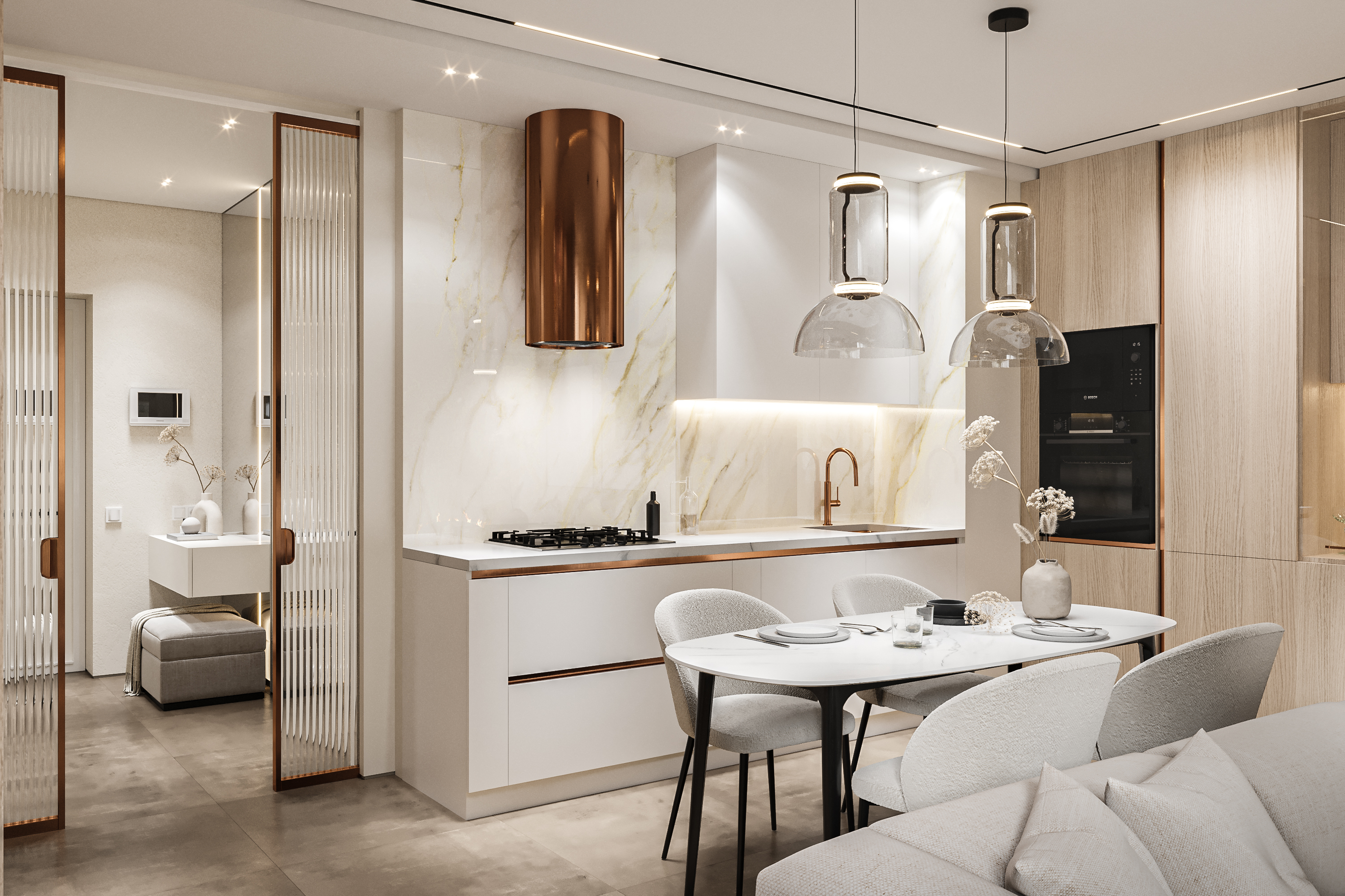 Светлая кухня-гостиная в дизайне квартиры 63 м² на улице Колоскова в Калининграде