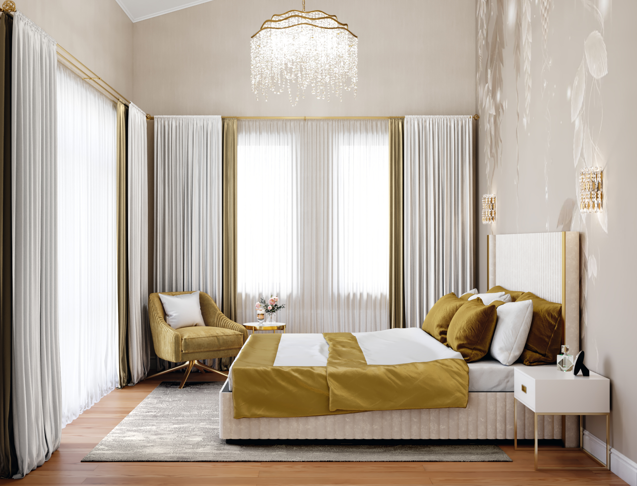 Интерьер спальни с выходом на террасу в двухуровневой квартире